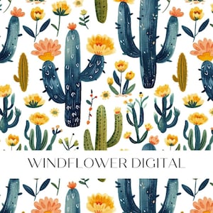 May include: A seamless pattern featuring a repeating design of blue and green cacti with yellow and orange flowers on a white background.