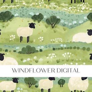 May include: A seamless pattern featuring white sheep with black heads and legs, set against a green grassy background with white flowers. The pattern is perfect for fabric, wallpaper, or other creative projects.