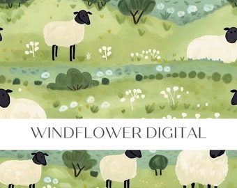 Sheep Seamless Pattern | Animal Pattern | Repeat Tile | Fabric Seamless Design | Trees Landscape Seamless Digital Download