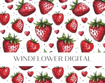 Strawberry Hearts Seamless Pattern | Continuous Pattern | Repeat Tile | Fabric Seamless Design | Red Fruit Pattern Digital Download