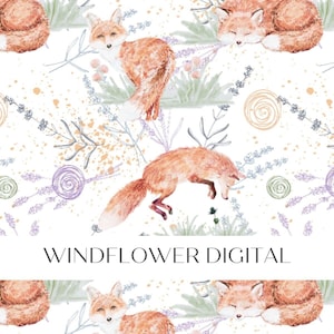 May include: Watercolor pattern featuring orange foxes, lavender sprigs, and green foliage on a white background. The design includes the text "WINDFLOWER DIGITAL". The foxes are depicted in various poses, some curled up, others leaping.