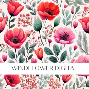 Modèle sans couture de coquelicots | Motif continu floral artistique | Tissus, papier, articles de maison | Motif coquelicot rouge et rose en téléchargement numérique