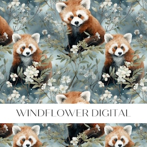 May include: A seamless pattern featuring red pandas sitting amongst white flowers and green leaves on a blue background. The pattern is perfect for fabric, wallpaper, or other creative projects.