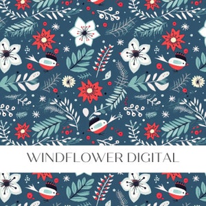 May include: A seamless pattern featuring stylized red and white flowers, birds, and foliage on a dark blue background. The design includes white snowflakes and the text "WINDFLOWER DIGITAL" in a white banner.