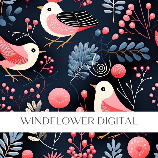 Pink Birds Seamless Pattern | Cute Bird Cottagecore Continuous Pattern | Fabric, Paper, Home Goods Pattern  | Digital Download