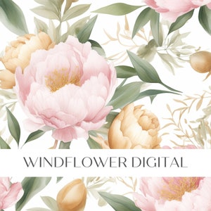 May include: A seamless pattern featuring watercolor illustrations of pink and yellow peonies and green leaves. The text "WINDFLOWER DIGITAL" is displayed at the bottom of the image.
