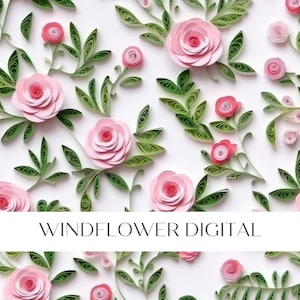 May include: A repeating pattern of paper flowers and leaves in pink and green on a white backdrop. The design includes large and small roses, with the text "WINDFLOWER DIGITAL" at the bottom.