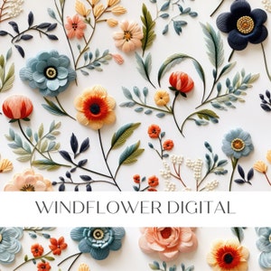 Könnte beinhalten: Ein weißer Hintergrund mit einer Vielzahl von Papierblumen in Blautönen, Rosa, Orange, Gelb und Rot. Die Blumen sind in einem Muster angeordnet und haben ein zartes, geschichtetes Aussehen. Der Text "WINDFLOWER DIGITAL" ist unten auf dem Bild gedruckt.