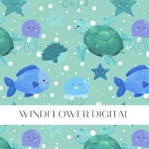 May include: Seamless pattern featuring a variety of cute sea creatures on a light green background. The pattern includes blue fish, purple and blue jellyfish, green sea turtles, starfish, and sea urchins.