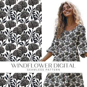 Puede incluir: Un vestido con un patrón sin costuras de flores de viento en blanco y negro con motivos florales repetitivos. El diseño incluye flores y hojas oscuras estilizadas sobre un fondo blanco. El texto WINDFLOWER DIGITAL SEAMLESS PATTERN es visible.