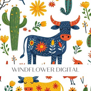 May include: A colorful digital illustration featuring a blue bull with floral patterns, a yellow bull with floral patterns, a red bird, and various cacti and flowers. The text "WINDFLOWER DIGITAL" is at the bottom of the image.
