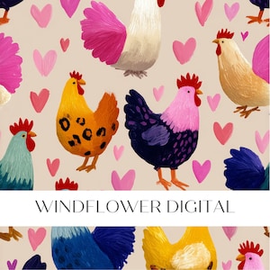 May include: A digital illustration featuring colorful roosters and pink hearts on a beige background. The roosters are in various colors, including yellow, blue, and pink, with detailed feathers. The text "WINDFLOWER DIGITAL" is at the bottom.