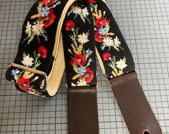 Now ready to ship: Hand embroidered guitar strap / ukulele strap