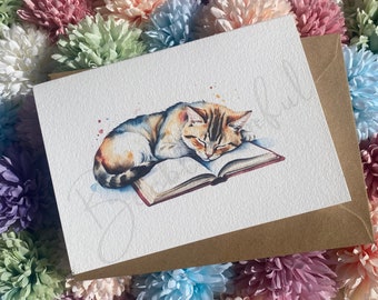 Carte de voeux Chat endormi - Enveloppe incluse (A6 10,5 x 14,8 cm) imprimée sur du papier aquarelle 300 g/m²