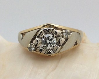 Vintage 14K Two Tone Gold Diamond Solitaire Ring, Illusion Setting, Diamond Accents, Low profile ~ Unique Fine Jewelry Estate Piece ~