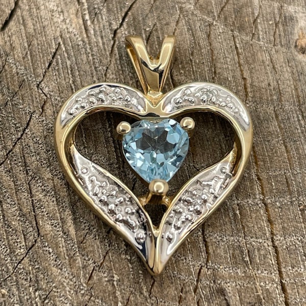 Vintage 10K Gold Topaz & Diamond Open Heart Pendant, Pale Blue Gemstone, Love Sweetheart Charm, Anniversary Gift ~ Fine Jewelry Estate Retro