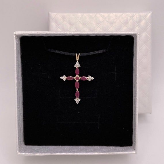 Vintage 10K Marquise Ruby Cross Pendant, Diamond … - image 10