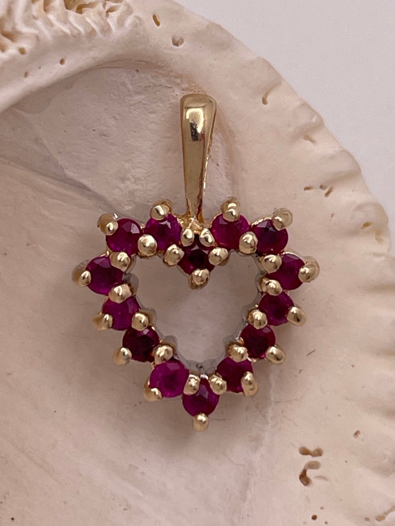 Vintage 10K Ruby Open Heart Pendant, Dainty Solid Gold Charm, Tiny Love ...