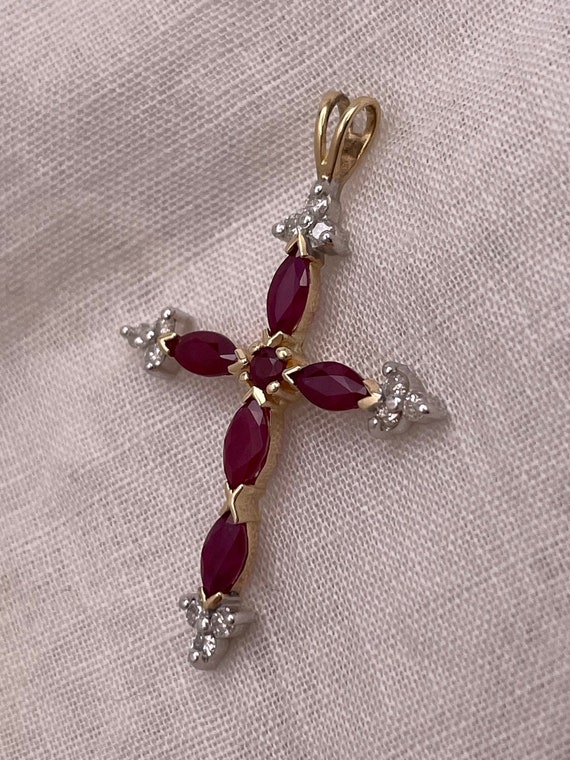 Vintage 10K Marquise Ruby Cross Pendant, Diamond … - image 4