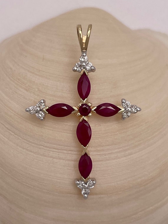 Vintage 10K Marquise Ruby Cross Pendant, Diamond … - image 2