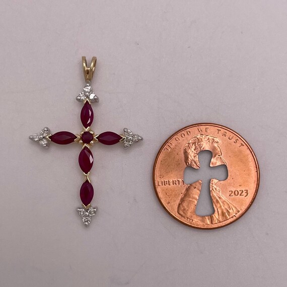 Vintage 10K Marquise Ruby Cross Pendant, Diamond … - image 6