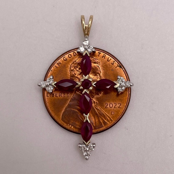 Vintage 10K Marquise Ruby Cross Pendant, Diamond … - image 7