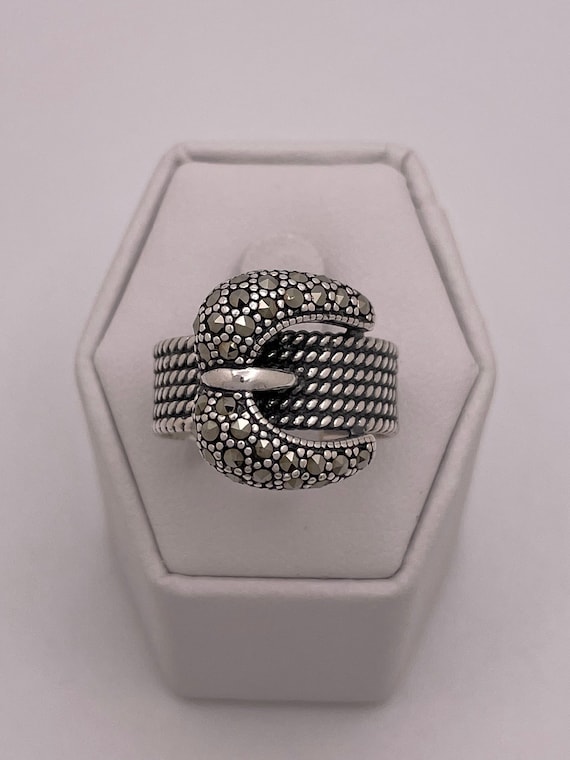 Sterling Silver Belt Buckle Ring, Marcasite Studde