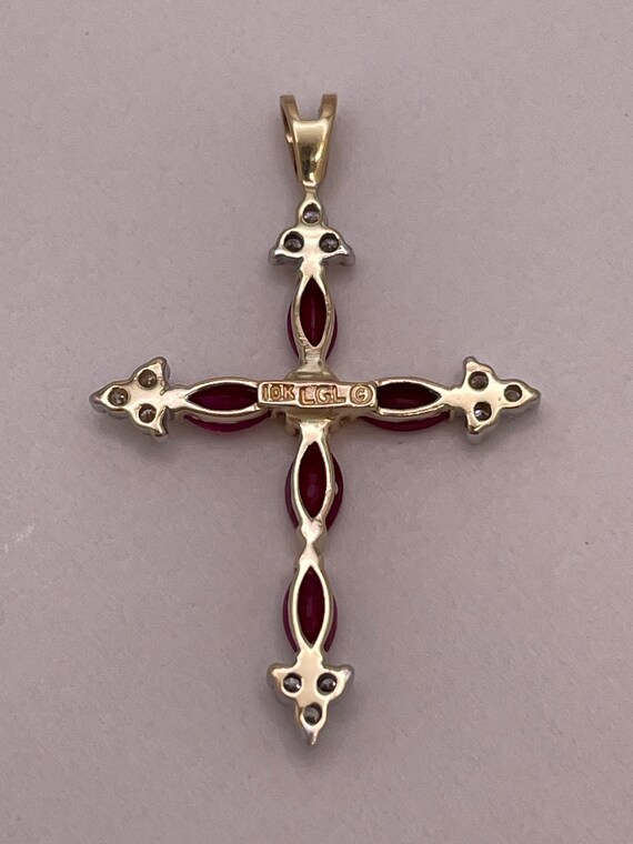 Vintage 10K Marquise Ruby Cross Pendant, Diamond … - image 9
