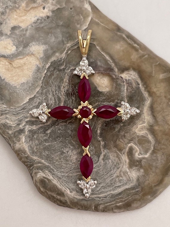 Vintage 10K Marquise Ruby Cross Pendant, Diamond … - image 3