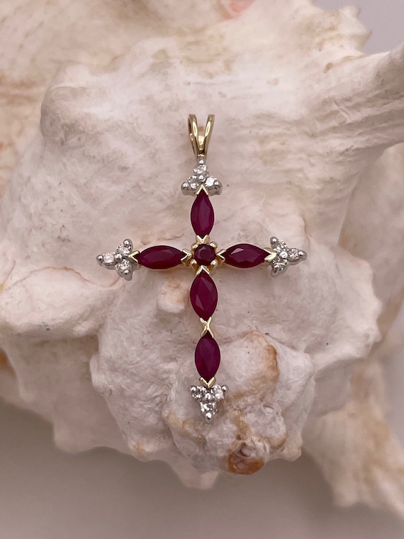 Vintage 10K Marquise Ruby Cross Pendant, Diamond … - image 1