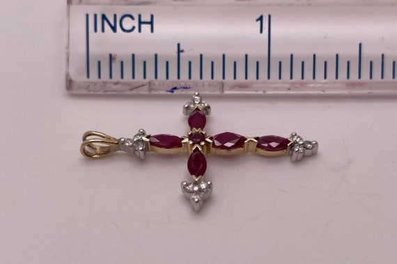 Vintage 10K Marquise Ruby Cross Pendant, Diamond … - image 5