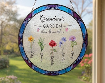 Custom Grandma's Gift, Month Flower Stain Glass Suncatcher, Mother's Day Gift , Grandma Gift From Grandson, Granddaughter, Nana's Garden