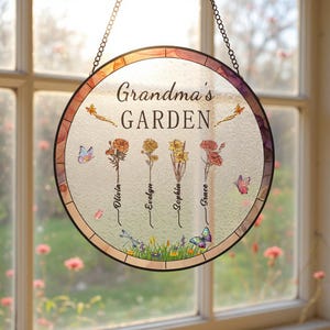 Aangepast omacadeau, maandbloem Stain Glass Suncatcher, Moederdagcadeau, omacadeau van kleinzoon, kleindochter, oma&#39;s Garden