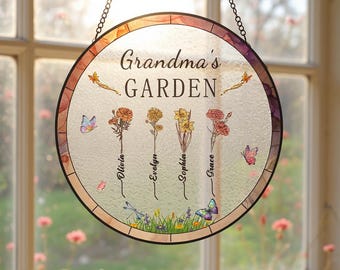 Custom Grandma's Gift, Month Flower Stain Glass Suncatcher, Mother's Day Gift , Grandma Gift From Grandson, Granddaughter, Nana's Garden
