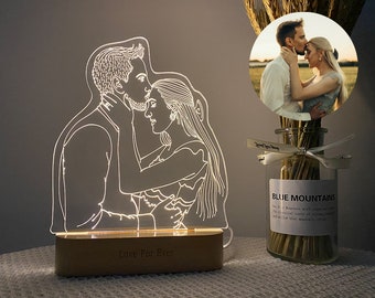 Lámpara fotográfica 3D personalizada, grabado fotográfico, luz nocturna de lámpara 3D, lámpara fotográfica de arte de línea personalizada, regalo de boda, regalo del día de la madre, regalo para ella