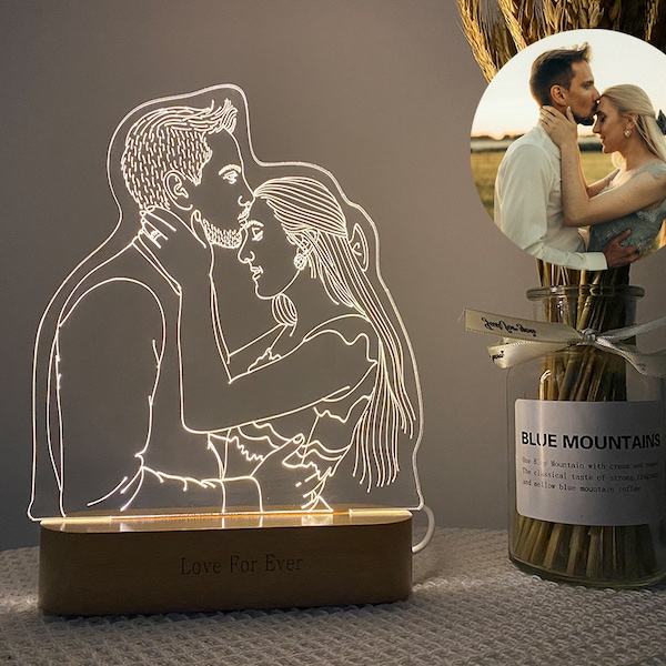 Lámpara fotográfica 3D personalizada, grabado fotográfico, luz nocturna de lámpara 3D, lámpara fotográfica de arte de línea personalizada, regalo de boda, regalo del día de la madre, regalo para ella