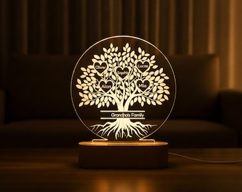 Luz de noche con árbol genealógico, regalos para el Día de la Madre, regalos para abuelas y abuelos, regalos para niños, lámpara LED con nombres de familia.