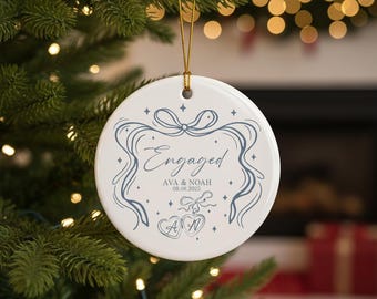 Engaged Christmas Ornament – Custom Names and Year, First Engagement Gift for Couple, Holiday Decoration, Love Keepsake, Ceramic Ornament