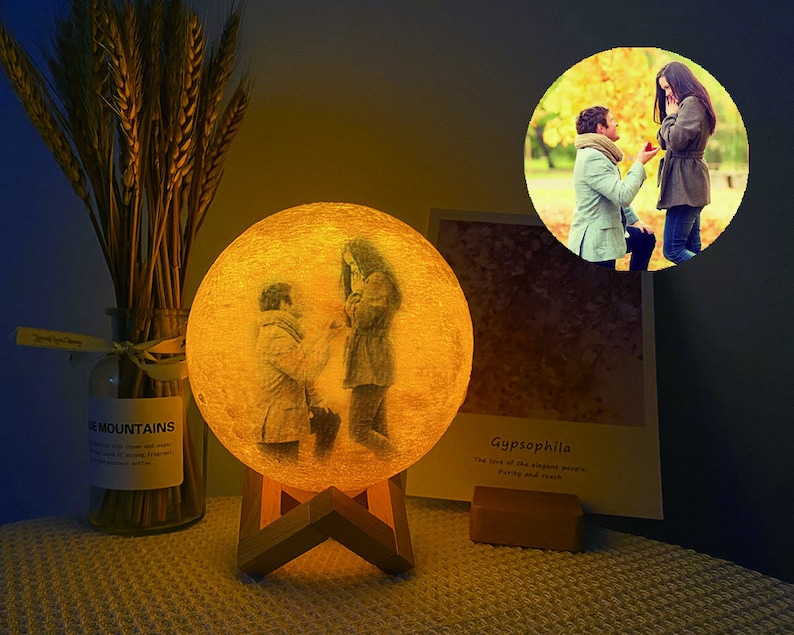 Engagement Gifts for Couple, Personalized Engaged Gift, Engagement Frame, Custom Gift, Anniversary Birthday Wedding Gift, Photo 3D Moon Lamp image 1