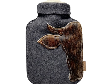 Hot water bottle, 0.8 l - with cowhide cover, hot water bottle in country house style, bed bottle, gift for girlfriend