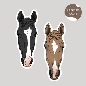 May include: Two horse head stickers. One is black with a white blaze, the other is brown with a white blaze. Both have a white diamond marking on their foreheads. A circular sticker reads "CUSTOM COAT".