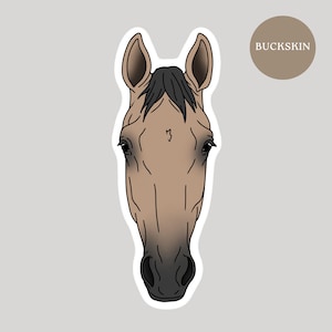 May include: A sticker featuring a horse's head in a minimalist style. The horse is a light brown color with black details, including the mane, eyes, and nose. The word "BUCKSKIN" is in a brown circle in the upper right corner.
