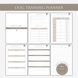 Könnte beinhalten: Ein Hunde-Trainingsplaner mit neutralem Farbschema. Der Planer enthält Abschnitte für Hundeprofil, Trainingsziele, Wochenplan, Trainingseinheiten, Wochenausblick und Notizen. Der Text "DOG TRAINING PLANNER" steht oben.