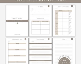 May include: A dog training planner in a neutral colour scheme. The planner includes sections for dog profile, training goals, weekly schedule, training sessions, weekly outlook, and notes. The text "DOG TRAINING PLANNER" is at the top.