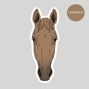 May include: A chestnut horse head sticker with a white border. The horse's head is brown with dark brown details, including the eyes, ears, and mane. A brown circle with the word "CHESTNUT" is in the upper right corner.