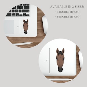 May include: A sticker featuring a detailed illustration of a horse's head in shades of brown and black. The sticker is available in two sizes: 4 inches and 6 inches.