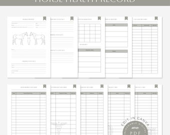 Peut inclure: Modèle de fiche de santé pour cheval imprimable au format PDF. Le modèle comprend des sections pour le profil du cheval, les coordonnées du propriétaire, les informations vétérinaires, le registre de vermifuge, le registre vétérinaire, les soins des sabots, les soins dentaires, et plus encore. Le modèle est modifiable dans Canva et présente un design de haute qualité.