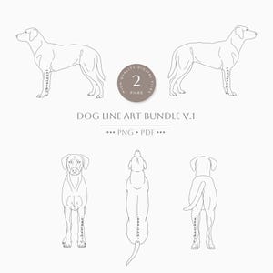 Könnte beinhalten: Linienkunst-Illustration eines Hundes in verschiedenen Posen. Der Hund ist stehend, sitzend und liegend dargestellt. Die Illustration ist in Schwarzweiß gehalten und hat einen einfachen, minimalistischen Stil. Der Text "DOG LINE ART BUNDLE V.1" ist im Bild enthalten.