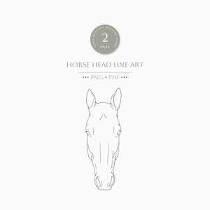 May include: Line art illustration of a horse's head. The image is in black and white and features a simple, minimalist design. The horse's head is facing forward with its ears perked up.