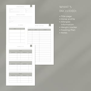 K&ouml;nnte beinhalten: Druckbarer Pferde-Pflege-Logbuch mit Abschnitten f&uuml;r das Pferdeprofil, Allergien, Gewichtsverfolgung, F&uuml;tterungsplan und Notizen. Die Seiten sind wei&szlig; mit grauem Text und Rahmen.